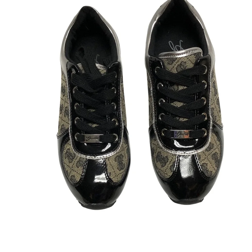 Guess Womens Logo Jacquard Sneakers Black Patent Leather Lace Up Shoes 5 NIB